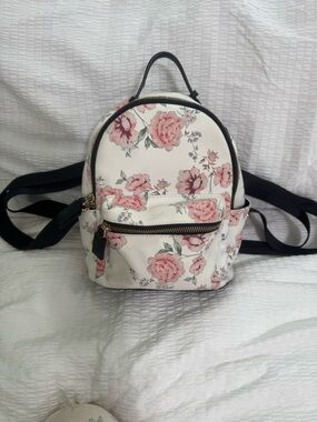Floral White Mini Backpack Purse with Pink Roses